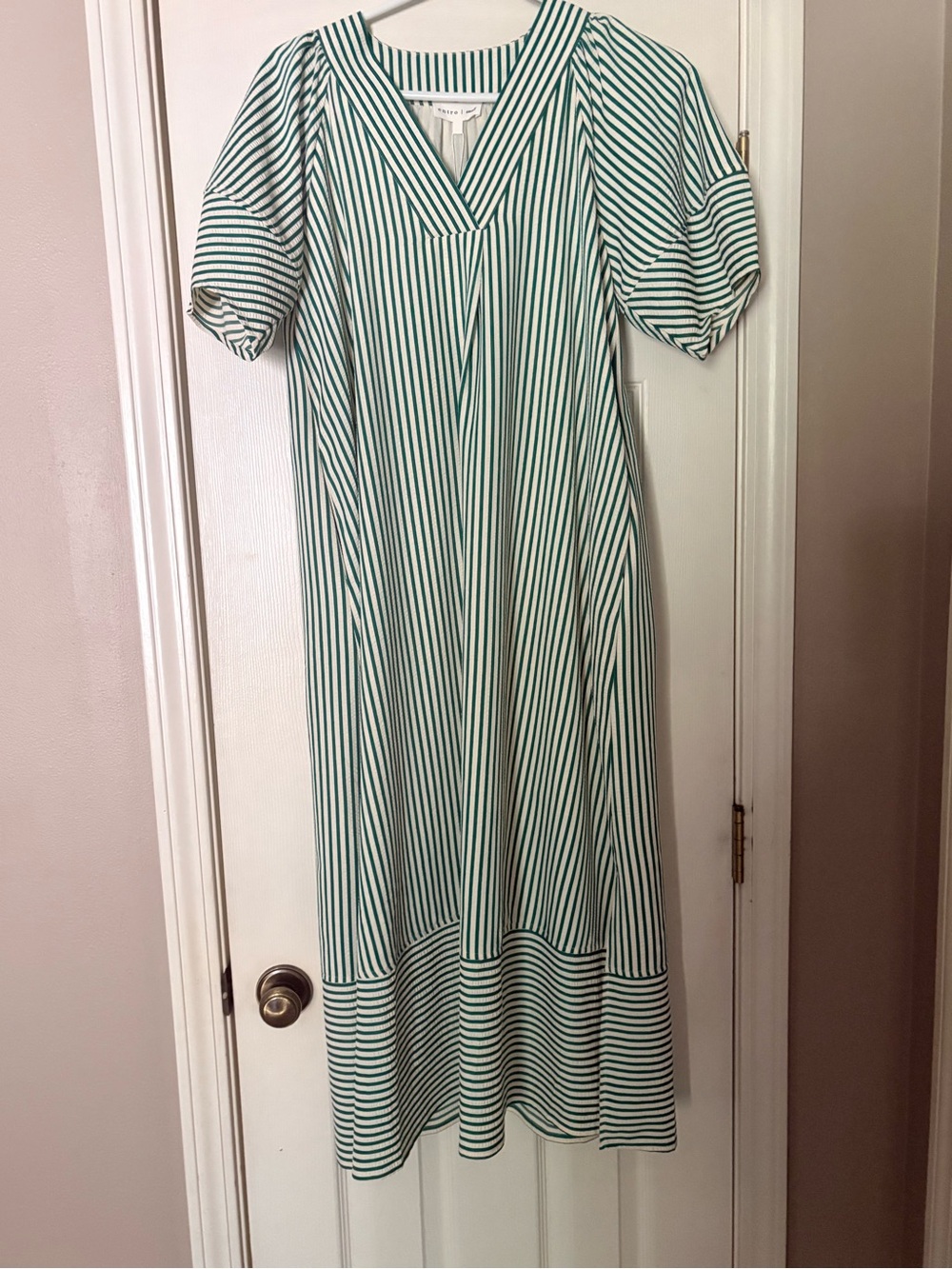 entro Green and off White Striped V-Neck Maxi Dress